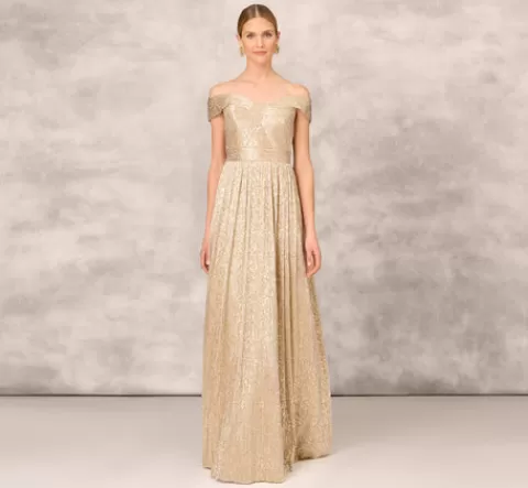 Adrianna Papell Off The Shoulder Metallic Foiled Metallic Pleated Mesh Long A-Line Ball Gown In GOLD Best