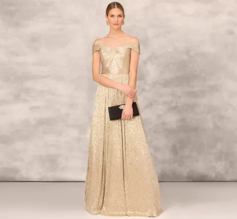Adrianna Papell Off The Shoulder Metallic Foiled Metallic Pleated Mesh Long A-Line Ball Gown In GOLD Best