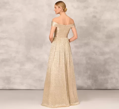 Adrianna Papell Off The Shoulder Metallic Foiled Metallic Pleated Mesh Long A-Line Ball Gown In GOLD Best