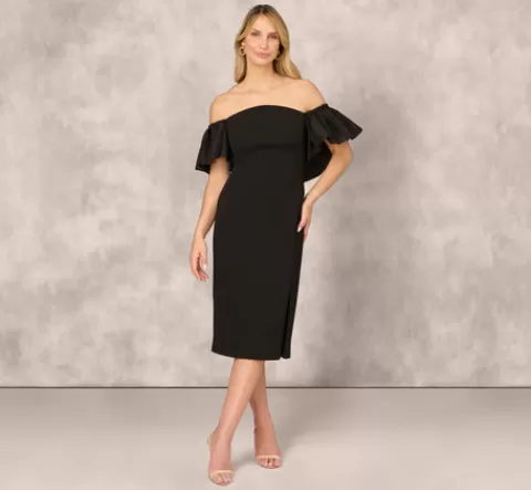 Adrianna Papell Off The Shoulder Midi Dress With Organza Bubble Sleeves In BLACK New