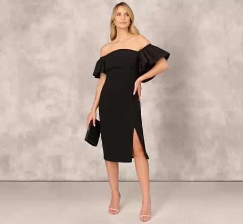 Adrianna Papell Off The Shoulder Midi Dress With Organza Bubble Sleeves In BLACK New