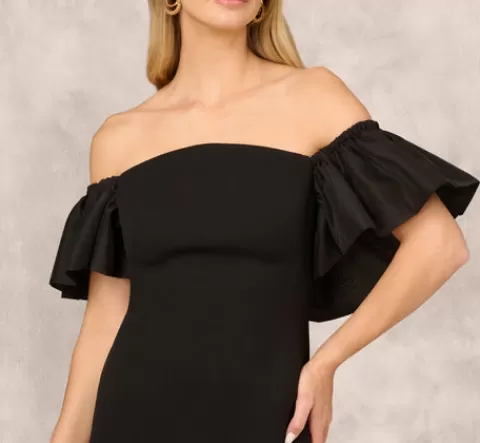 Adrianna Papell Off The Shoulder Midi Dress With Organza Bubble Sleeves In BLACK New