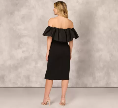Adrianna Papell Off The Shoulder Midi Dress With Organza Bubble Sleeves In BLACK New
