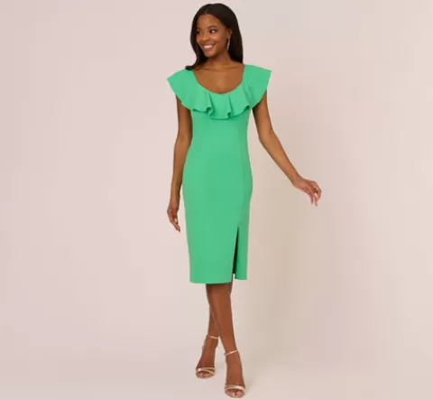 Adrianna Papell Off The Shoulder Midi Dress With Ruffle Details In Flora Green FLORAGREEN Online