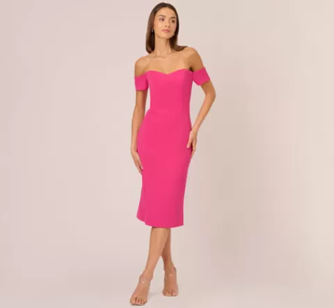 Adrianna Papell Off The Shoulder Midi Dress With Sweetheart Neckline In Brilliant Fuchsia BRILLIANTFUCHSIA Shop