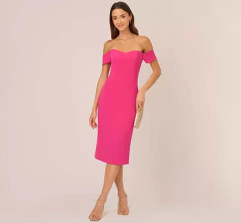 Adrianna Papell Off The Shoulder Midi Dress With Sweetheart Neckline In Brilliant Fuchsia BRILLIANTFUCHSIA Shop