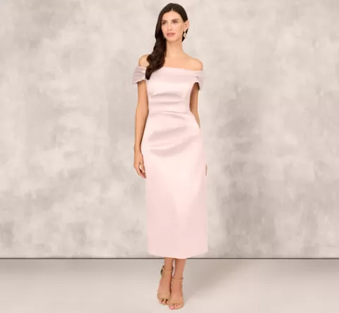 Adrianna Papell Off The Shoulder Mikado Midi Dress With Pleat Details In Pale Blush PALEBLUSH Clearance