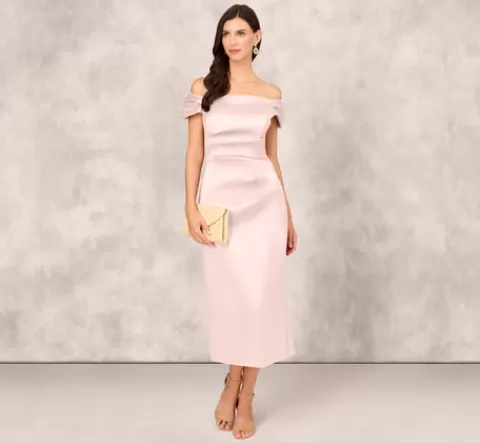 Adrianna Papell Off The Shoulder Mikado Midi Dress With Pleat Details In Pale Blush PALEBLUSH Clearance