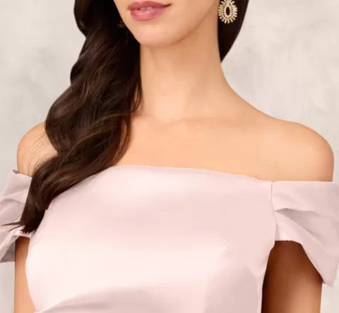 Adrianna Papell Off The Shoulder Mikado Midi Dress With Pleat Details In Pale Blush PALEBLUSH Clearance