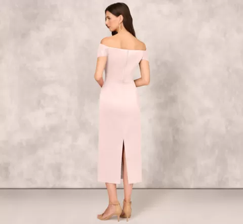 Adrianna Papell Off The Shoulder Mikado Midi Dress With Pleat Details In Pale Blush PALEBLUSH Clearance