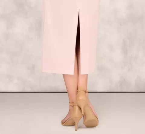 Adrianna Papell Off The Shoulder Mikado Midi Dress With Pleat Details In Pale Blush PALEBLUSH Clearance