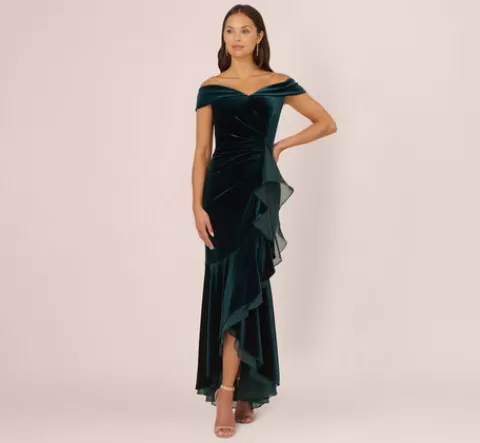 Adrianna Papell Off The Shoulder Velvet Mermaid Gown With Organza Ruffle In HUNTER Clearance