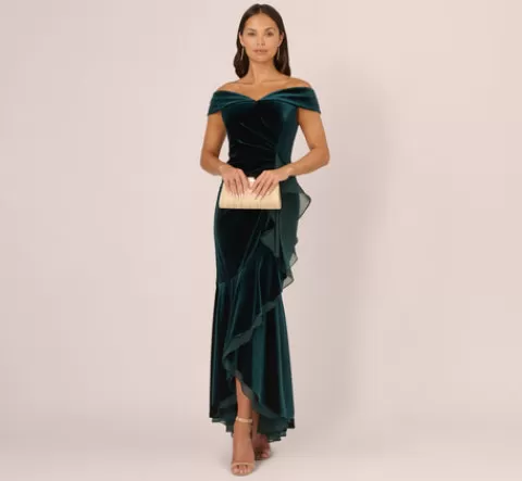 Adrianna Papell Off The Shoulder Velvet Mermaid Gown With Organza Ruffle In HUNTER Clearance