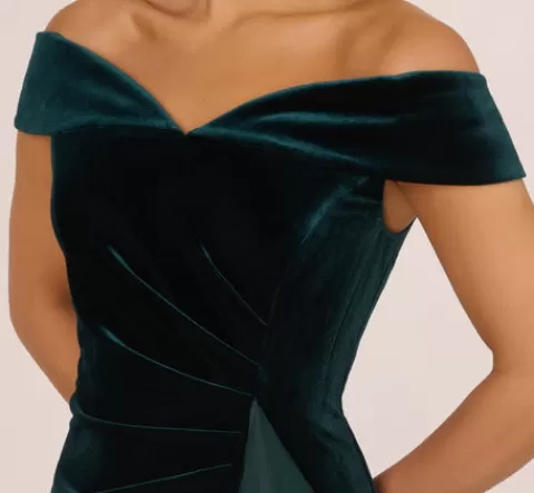 Adrianna Papell Off The Shoulder Velvet Mermaid Gown With Organza Ruffle In HUNTER Clearance