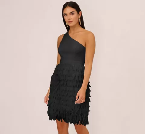 Adrianna Papell One Shoulder Cocktail Dress With Feather Chiffon Skirt In BLACK Best