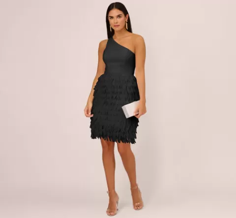 Adrianna Papell One Shoulder Cocktail Dress With Feather Chiffon Skirt In BLACK Best