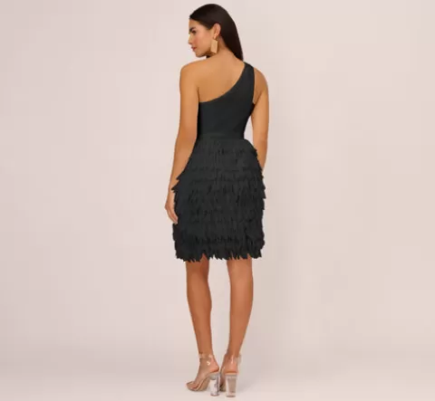 Adrianna Papell One Shoulder Cocktail Dress With Feather Chiffon Skirt In BLACK Best