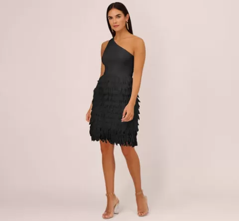 Adrianna Papell One Shoulder Cocktail Dress With Feather Chiffon Skirt In BLACK Best