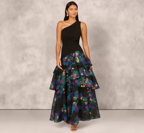 Adrianna Papell One Shoulder Crepe Ball Gown With Floral Jacquard Skirt In Black Multi BLACKMULTI Best Sale