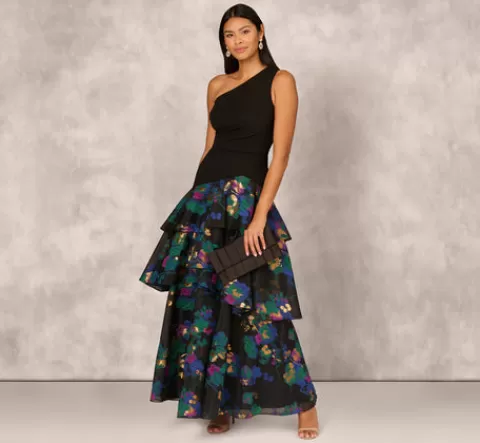 Adrianna Papell One Shoulder Crepe Ball Gown With Floral Jacquard Skirt In Black Multi BLACKMULTI Best Sale