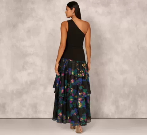 Adrianna Papell One Shoulder Crepe Ball Gown With Floral Jacquard Skirt In Black Multi BLACKMULTI Best Sale