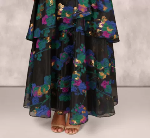 Adrianna Papell One Shoulder Crepe Ball Gown With Floral Jacquard Skirt In Black Multi BLACKMULTI Best Sale
