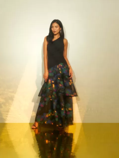 Adrianna Papell One Shoulder Crepe Ball Gown With Floral Jacquard Skirt In Black Multi BLACKMULTI Best Sale