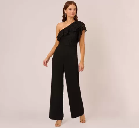 Adrianna Papell One Shoulder Crepe Jumpsuit With Lace Ruffle Details In BLACK Hot