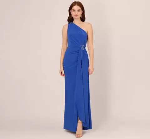 Adrianna Papell One Shoulder Draped Jersey Gown With Floral Sequin Accents In Brilliant Sapphire BRILLIANTSAPPHIRE Store
