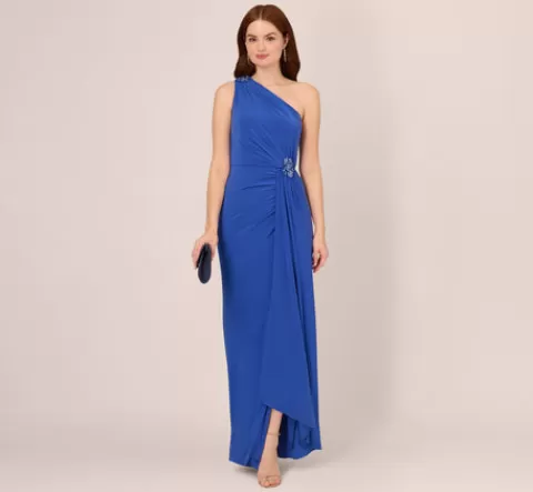 Adrianna Papell One Shoulder Draped Jersey Gown With Floral Sequin Accents In Brilliant Sapphire BRILLIANTSAPPHIRE Store