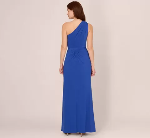Adrianna Papell One Shoulder Draped Jersey Gown With Floral Sequin Accents In Brilliant Sapphire BRILLIANTSAPPHIRE Store