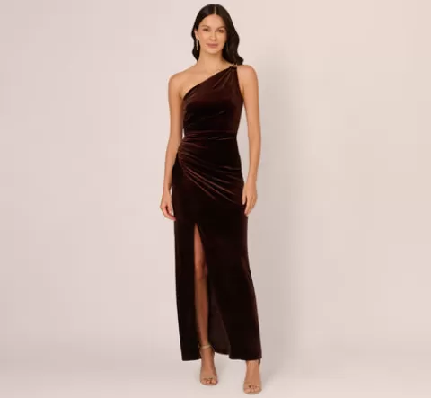 Adrianna Papell One Shoulder Draped Velvet Gown With Chain Accent In Dark Brown DARKBROWN Sale