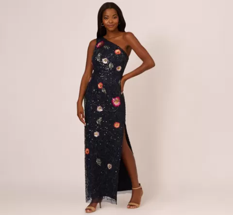 Adrianna Papell One Shoulder Floral Bead Dress In Navy Multi NAVYMULTI Cheap