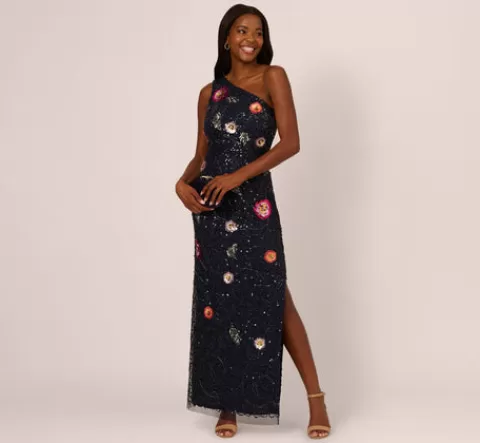 Adrianna Papell One Shoulder Floral Bead Dress In Navy Multi NAVYMULTI Cheap