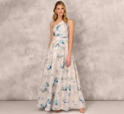 Adrianna Papell One Shoulder Floral Jacquard Ball Gown In Blue Multi BLUEMULTI Online