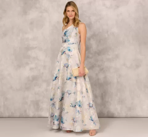 Adrianna Papell One Shoulder Floral Jacquard Ball Gown In Blue Multi BLUEMULTI Online