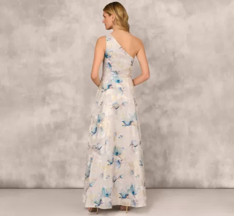 Adrianna Papell One Shoulder Floral Jacquard Ball Gown In Blue Multi BLUEMULTI Online