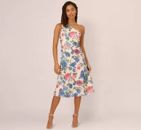 Adrianna Papell One Shoulder Floral Soutache Midi Dress In Alabaster Multi ALABASTERMULTI Clearance