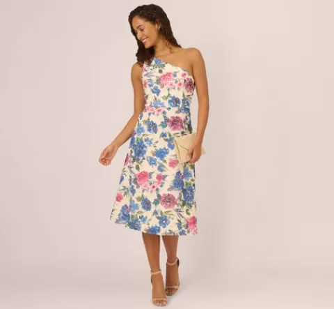 Adrianna Papell One Shoulder Floral Soutache Midi Dress In Alabaster Multi ALABASTERMULTI Clearance