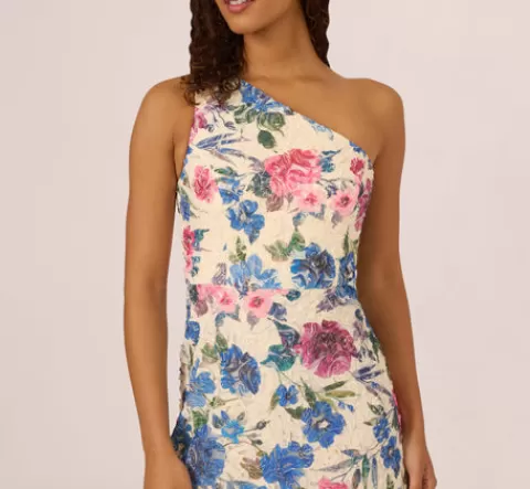 Adrianna Papell One Shoulder Floral Soutache Midi Dress In Alabaster Multi ALABASTERMULTI Clearance