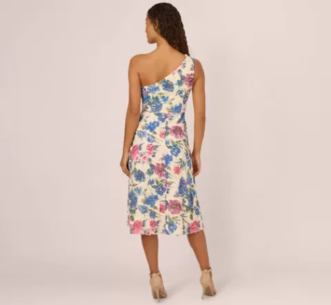 Adrianna Papell One Shoulder Floral Soutache Midi Dress In Alabaster Multi ALABASTERMULTI Clearance