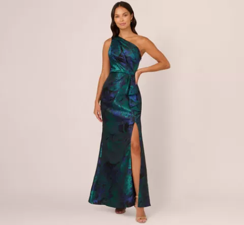 Adrianna Papell One Shoulder Jacquard Mermaid Gown With Drape Detail In Cobalt Teal COBALT-TEAL Cheap