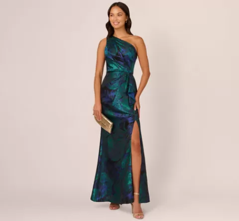 Adrianna Papell One Shoulder Jacquard Mermaid Gown With Drape Detail In Cobalt Teal COBALT-TEAL Cheap