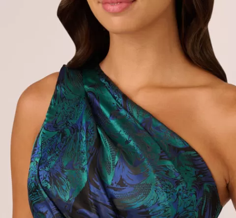 Adrianna Papell One Shoulder Jacquard Mermaid Gown With Drape Detail In Cobalt Teal COBALT-TEAL Cheap