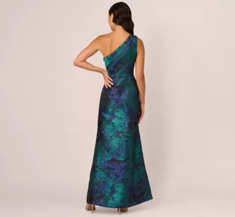 Adrianna Papell One Shoulder Jacquard Mermaid Gown With Drape Detail In Cobalt Teal COBALT-TEAL Cheap