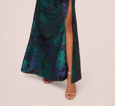Adrianna Papell One Shoulder Jacquard Mermaid Gown With Drape Detail In Cobalt Teal COBALT-TEAL Cheap