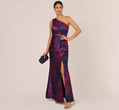 Adrianna Papell One Shoulder Jacquard Mermaid Gown With Drape Detail In Navy Orchid NAVY-ORCHID Shop