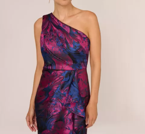 Adrianna Papell One Shoulder Jacquard Mermaid Gown With Drape Detail In Navy Orchid NAVY-ORCHID Shop