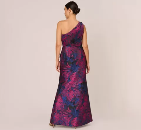 Adrianna Papell One Shoulder Jacquard Mermaid Gown With Drape Detail In Navy Orchid NAVY-ORCHID Shop