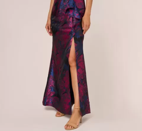 Adrianna Papell One Shoulder Jacquard Mermaid Gown With Drape Detail In Navy Orchid NAVY-ORCHID Shop